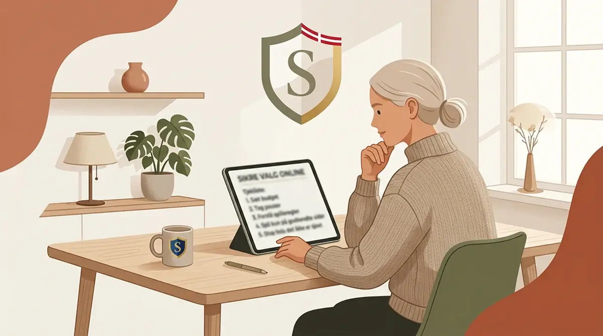 Roligt skrivebord med tjekliste om spil, identitet og sikkerhed